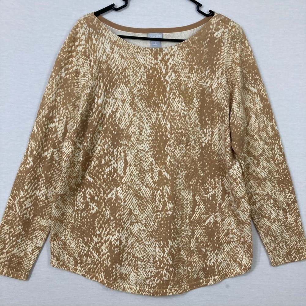 Chico's Tan Cream Round Neck Long Sleeve Stretch Casual Top Large